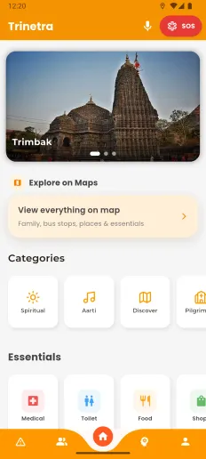 Trinetra home screen: a photo of Trimbakeshwar temple above a map shortcut, place categories such as Spiritual and Aarti, and an Essentials row for medical help, toilets and food