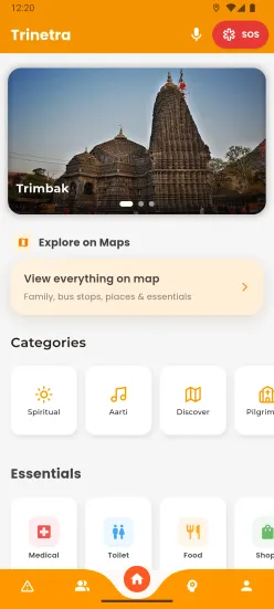 Trinetra home screen: a photo of Trimbakeshwar temple above a map shortcut, place categories such as Spiritual and Aarti, and an Essentials row for medical help, toilets and food