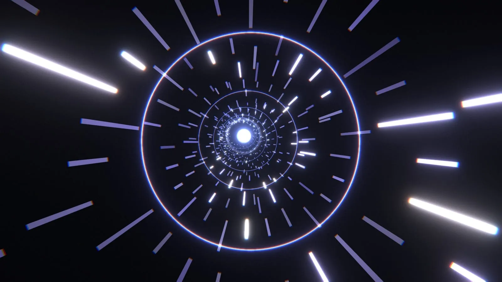 A tunnel of glowing frames and rings that shift from gold to blue, with the gold star behind and the blue star ahead