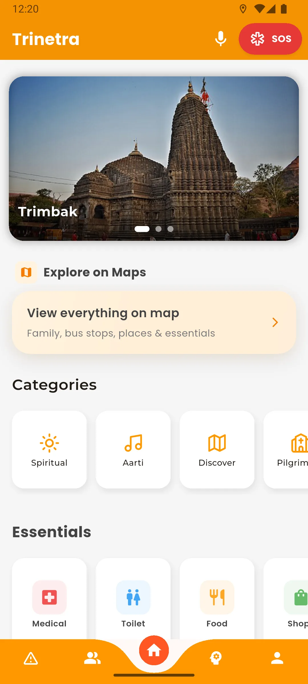 Trinetra's home screen: a photograph of Trimbakeshwar temple above a shortcut to the full map, place categories including Spiritual and Aarti, and an Essentials row covering medical help, toilets and food.