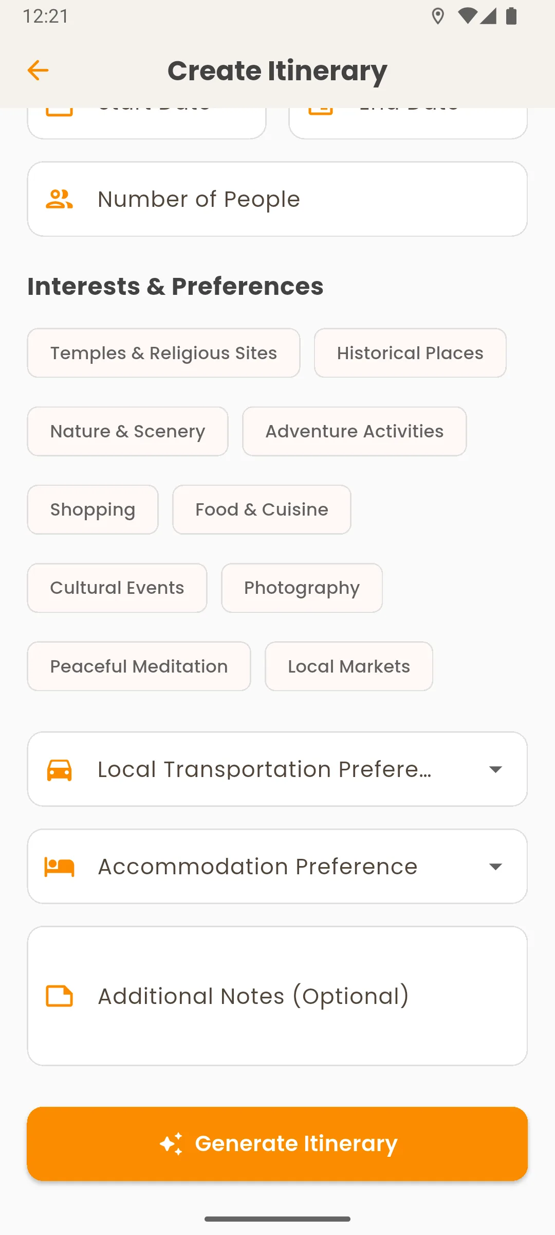 Trinetra's itinerary builder: interest chips such as Temples & Religious Sites, Local Markets and Peaceful Meditation, above transport and accommodation preferences and a Generate Itinerary button.