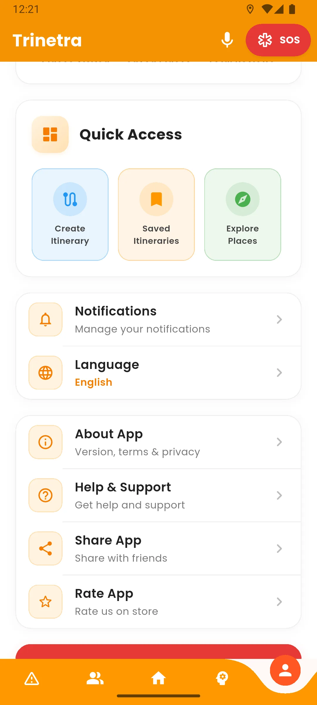 Trinetra's settings screen showing the language control, currently set to English, above app information, help and support.